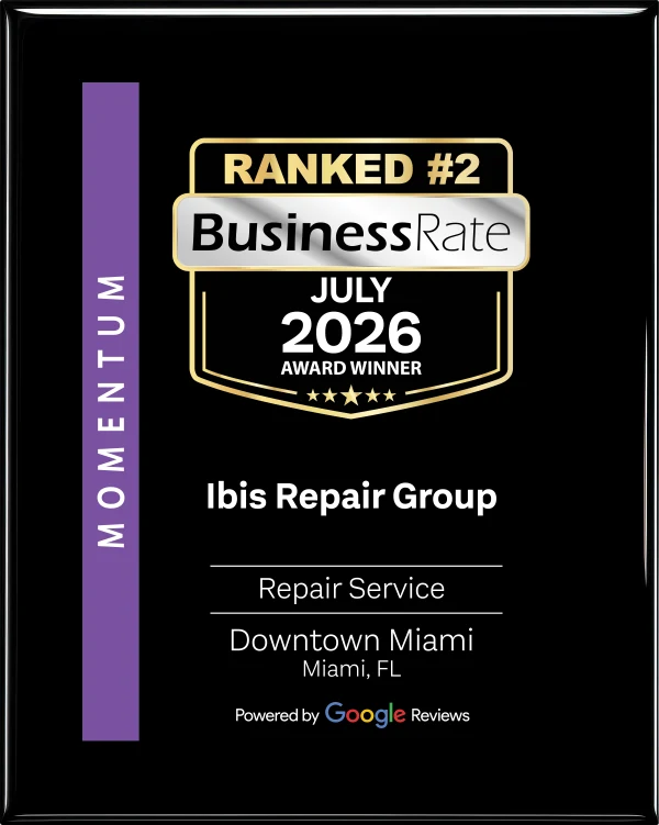 BusinessRate plaque: Ibis Repair Group ranked #2 repair service in Downtown Miami, July 2026